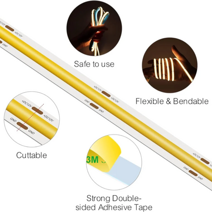 8mm COB Dotless LED Strip Lights - Red - 320 LEDs per meter - 12V