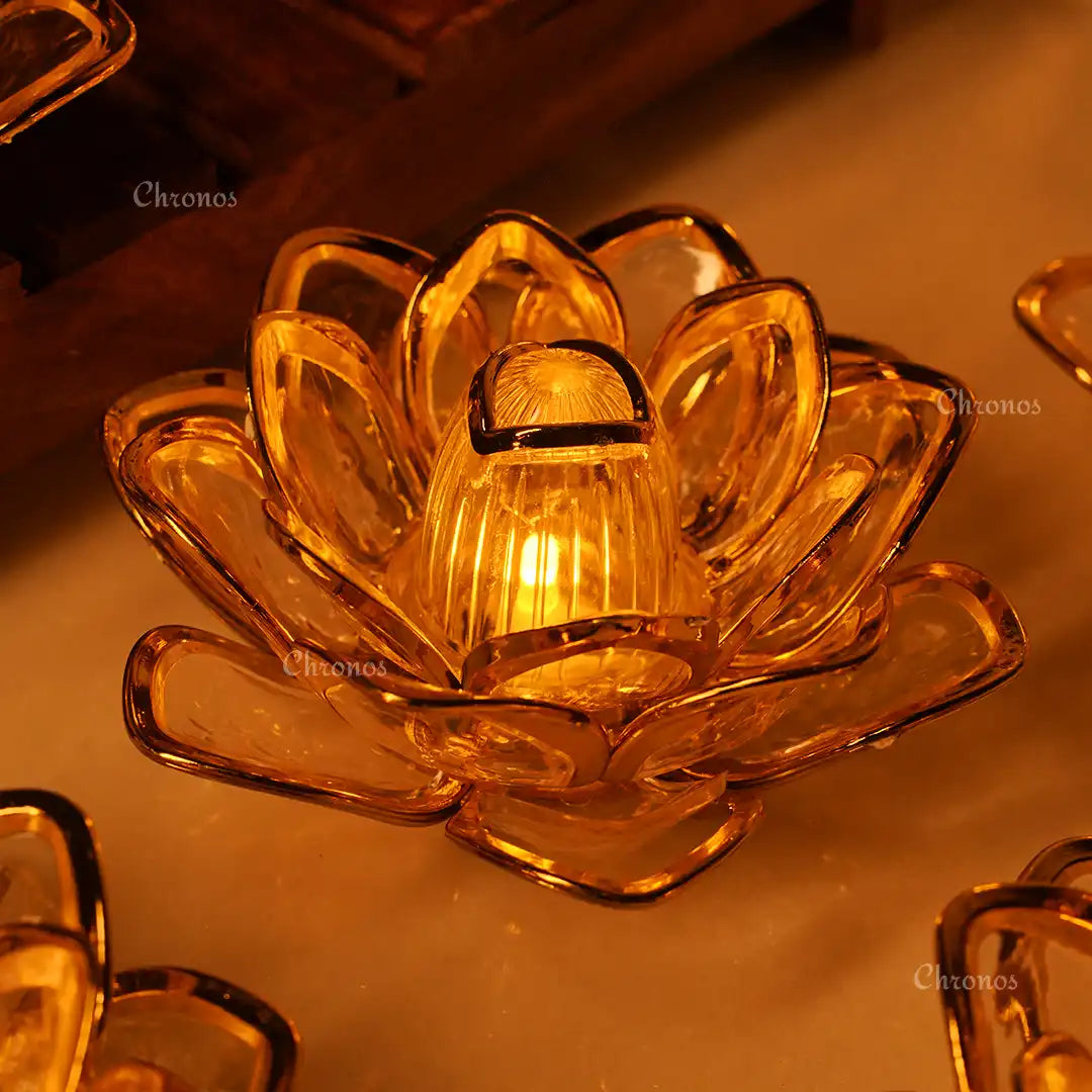 LED Golden Lotus Tealight Candle – Pack of 6 | Flameless Decorative Fiber Tea Lights