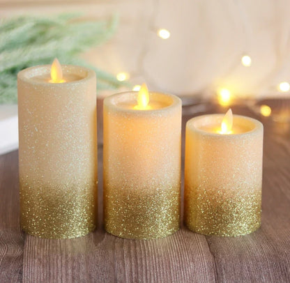 LED Moving Flame Glitter Pillar Candle – Flameless, Battery Operated, Warm White Glow (Multiple Sizes)