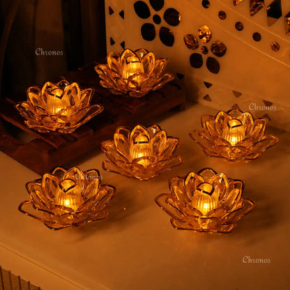 LED Golden Lotus Tealight Candle – Pack of 6 | Flameless Decorative Fiber Tea Lights