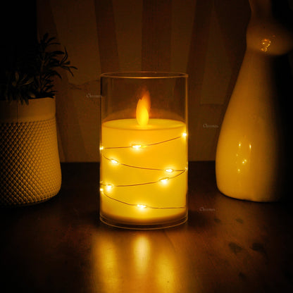 Acrylic Glass LED Moving Flame Pillar Candle - With Fairy Light