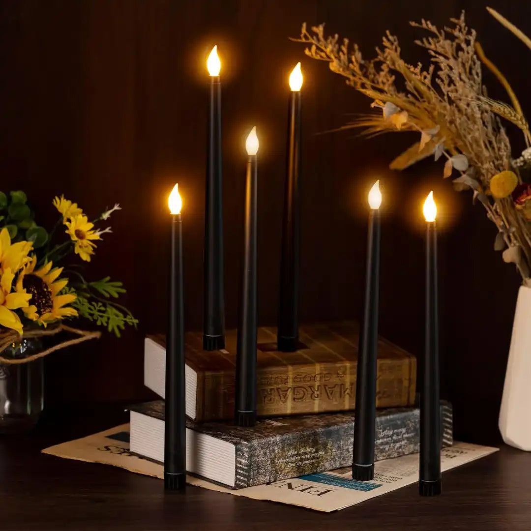LED Long Pole Flameless Flickering Taper Candles - Battery Operated | Warm White