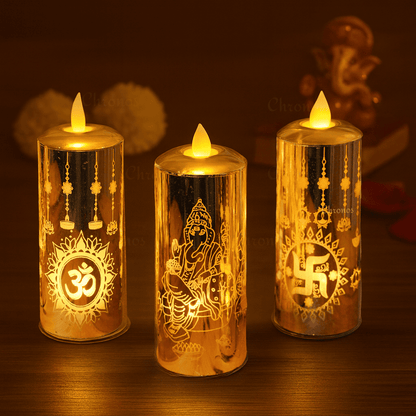 Flameless LED Pillar Candles – Om, Swastik & Devotion Variants - Pack of 12