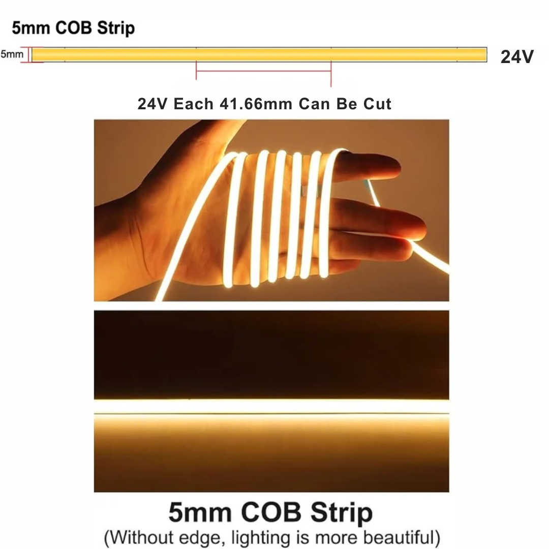 3mm COB Dotless LED Strip Lights - Natural White - 5m - 384 LEDs per meter 24v