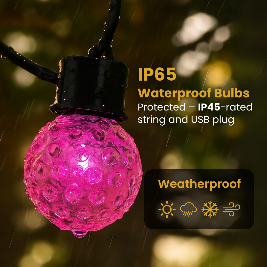 G50 RGBIC Waterproof Outdoor Bulb String Lights – USB Operated | 20 Smart LED Bulbs for Balcony, Garden, Events