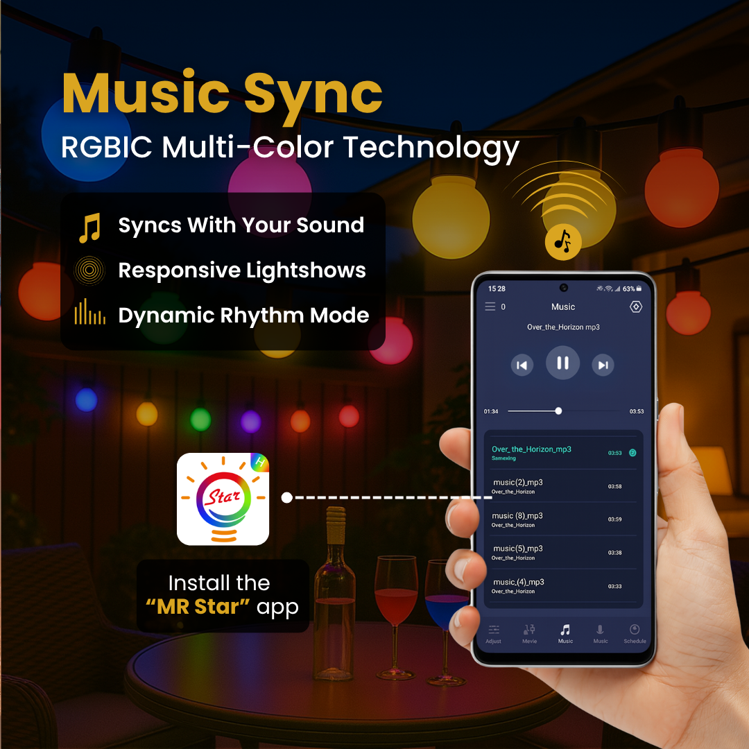 G50 RGBIC Waterproof Outdoor Bulb String Lights – USB Operated | 20 Smart LED Bulbs for Balcony, Garden, Events