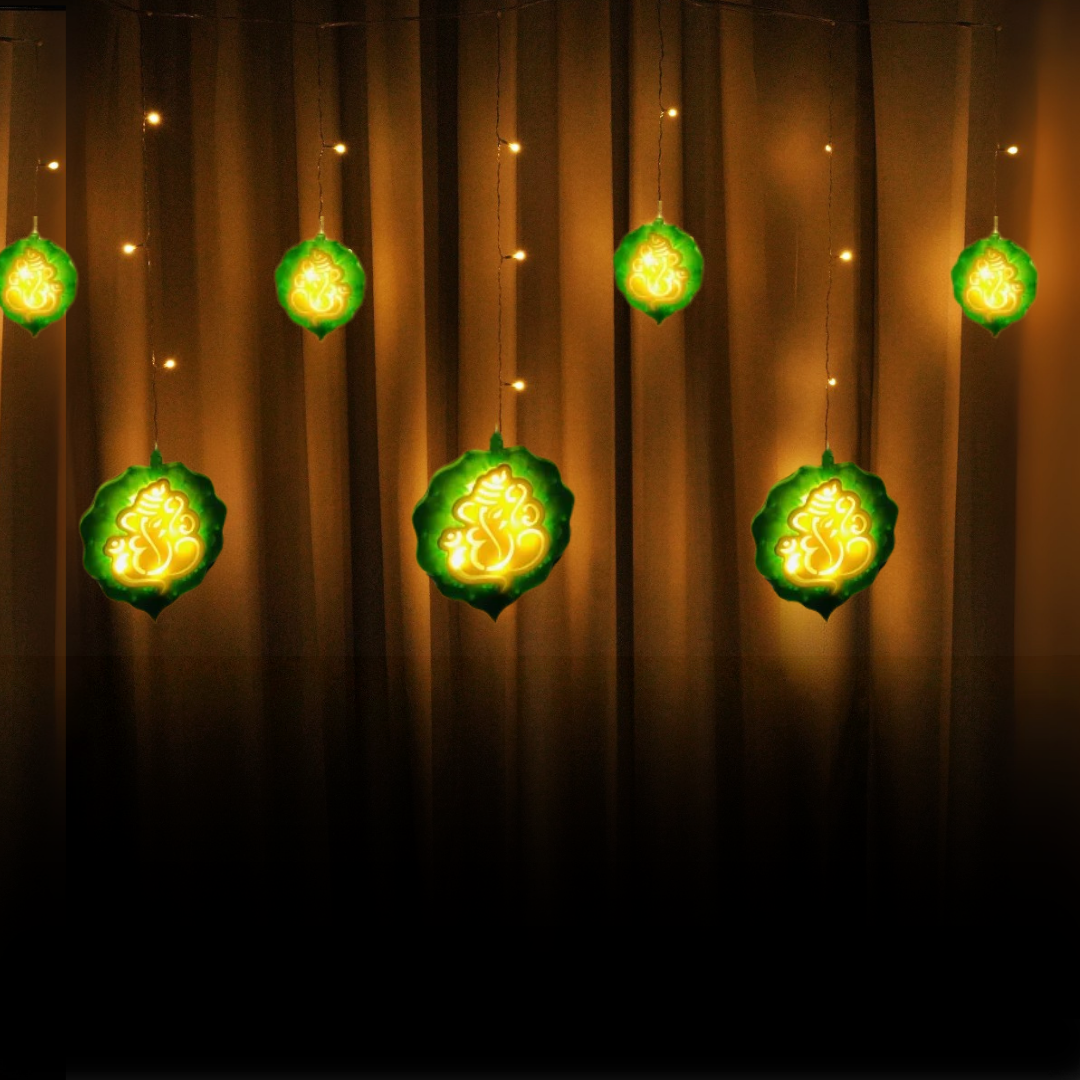 Ganpati Curtain Lights | 12 Ganpati Lights | Warm White LED | Ganpati Decoration