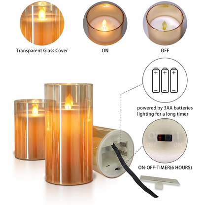 Battery Operated Flameless LED Pillar Candles Pack of 3 - Moving Flame, 10 Key Remote & Timer Controlled