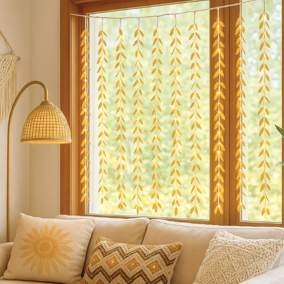 Golden Leaves Garland Curtain Lights | Warm White | Diwali Decoration