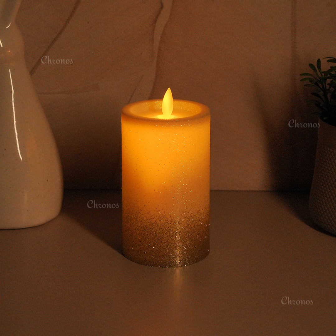 LED Moving Flame Glitter Pillar Candle – Flameless, Battery Operated, Warm White Glow (Multiple Sizes)