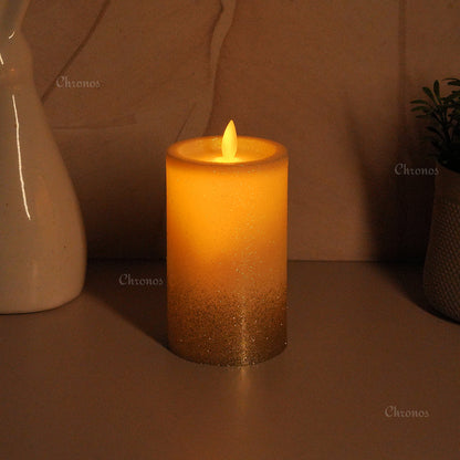 LED Moving Flame Glitter Pillar Candle – Flameless, Battery Operated, Warm White Glow (Multiple Sizes)