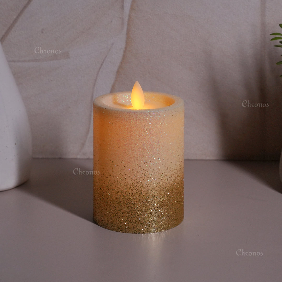 LED Moving Flame Glitter Pillar Candle – Flameless, Battery Operated, Warm White Glow (Multiple Sizes)
