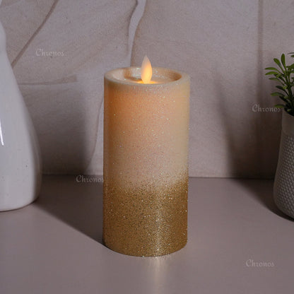 LED Moving Flame Glitter Pillar Candle – Flameless, Battery Operated, Warm White Glow (Multiple Sizes)