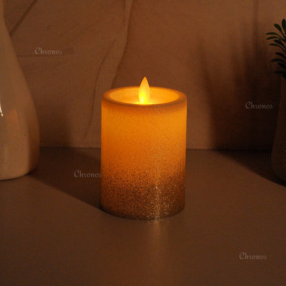 LED Moving Flame Glitter Pillar Candle – Flameless, Battery Operated, Warm White Glow (Multiple Sizes)