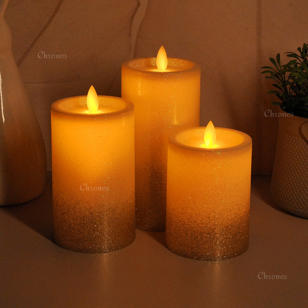 LED Moving Flame Glitter Pillar Candle – Flameless, Battery Operated, Warm White Glow (Multiple Sizes)