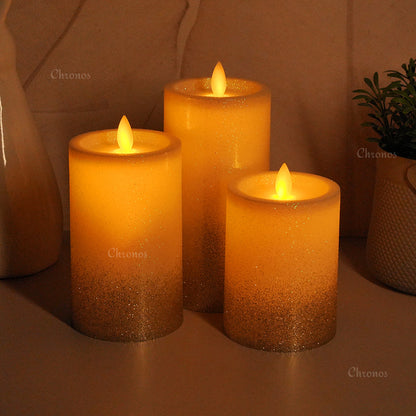LED Moving Flame Glitter Pillar Candle – Flameless, Battery Operated, Warm White Glow (Multiple Sizes)