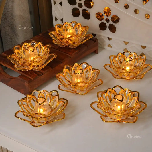 LED Golden Lotus Tealight Candle – Pack of 6 | Flameless Decorative Fiber Tea Lights