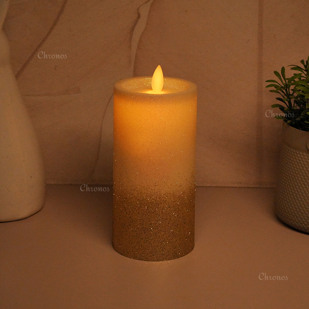 LED Moving Flame Glitter Pillar Candle – Flameless, Battery Operated, Warm White Glow (Multiple Sizes)