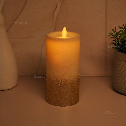 LED Moving Flame Glitter Pillar Candle – Flameless, Battery Operated, Warm White Glow (Multiple Sizes)