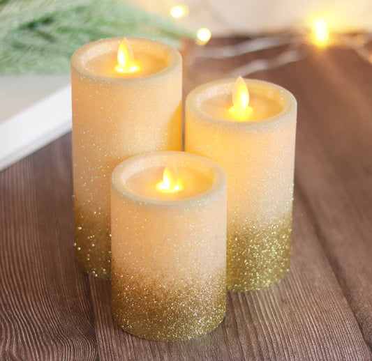 LED Moving Flame Glitter Pillar Candle – Flameless, Battery Operated, Warm White Glow (Multiple Sizes)