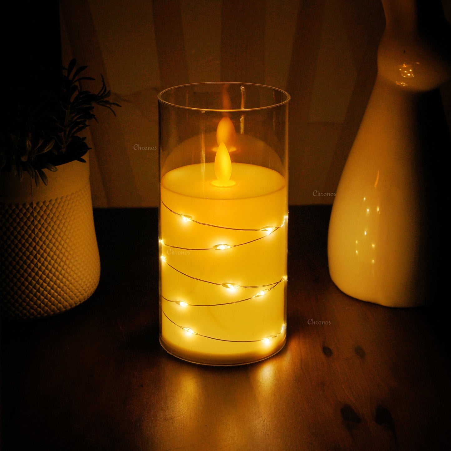 Acrylic Glass LED Moving Flame Pillar Candle - With Fairy Light