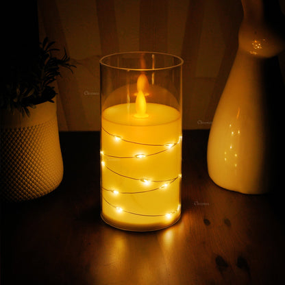 Acrylic Glass LED Moving Flame Pillar Candle - With Fairy Light