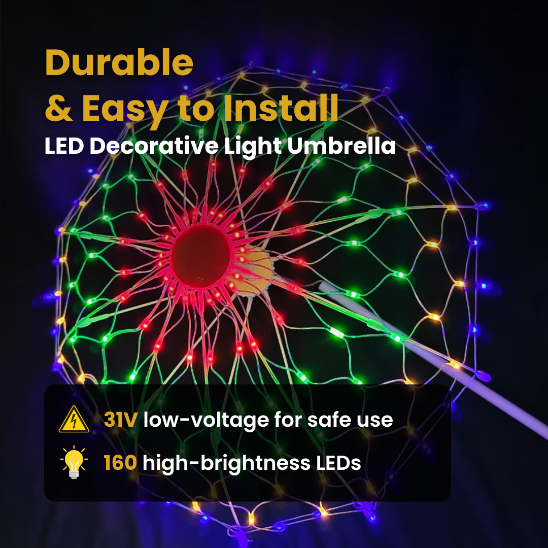 LED Decorative Light Umbrella – Rainbow & Warm White Illumination | 8 Lighting Modes | IP44 Weatherproof