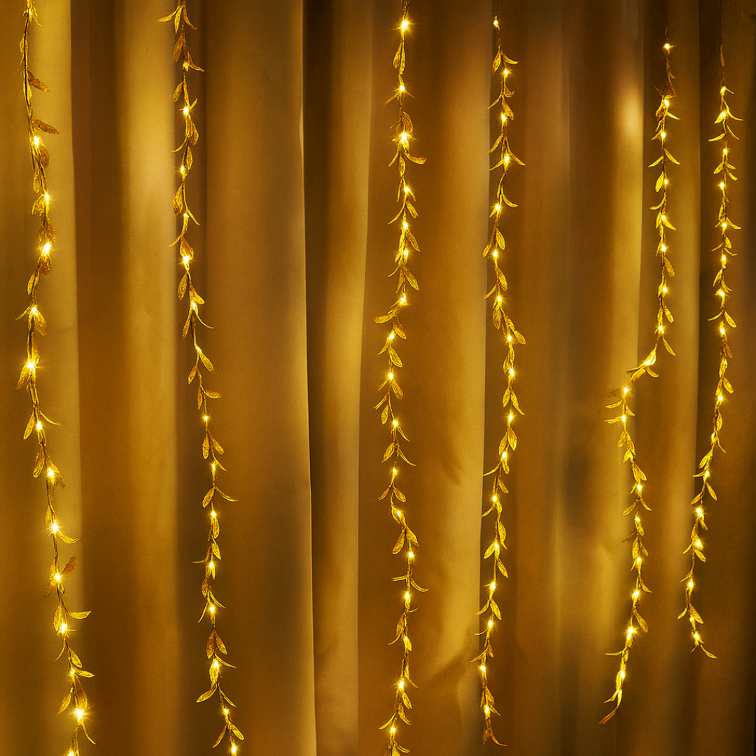 Golden Leaves Garland Curtain Lights | Warm White | Diwali Decoration