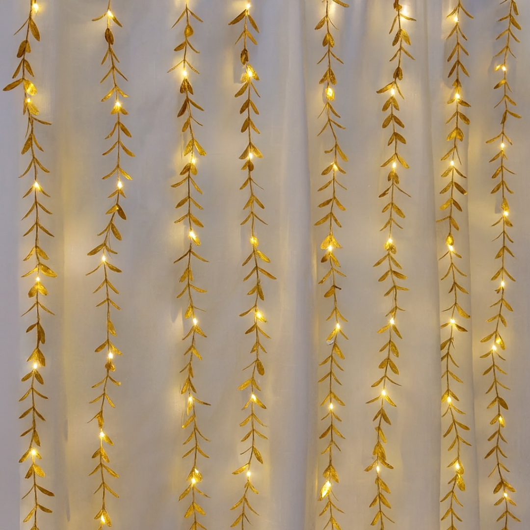 Golden Leaves Garland Curtain Lights | Warm White | Diwali Decoration