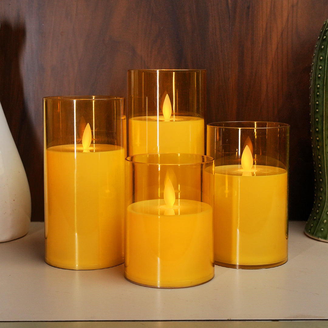 Acrylic Golden Glass LED Moving Flame Pillar Candle