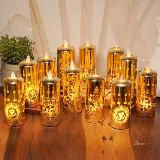 Flameless LED Pillar Candles – Om, Swastik & Devotion Variants - Pack of 12