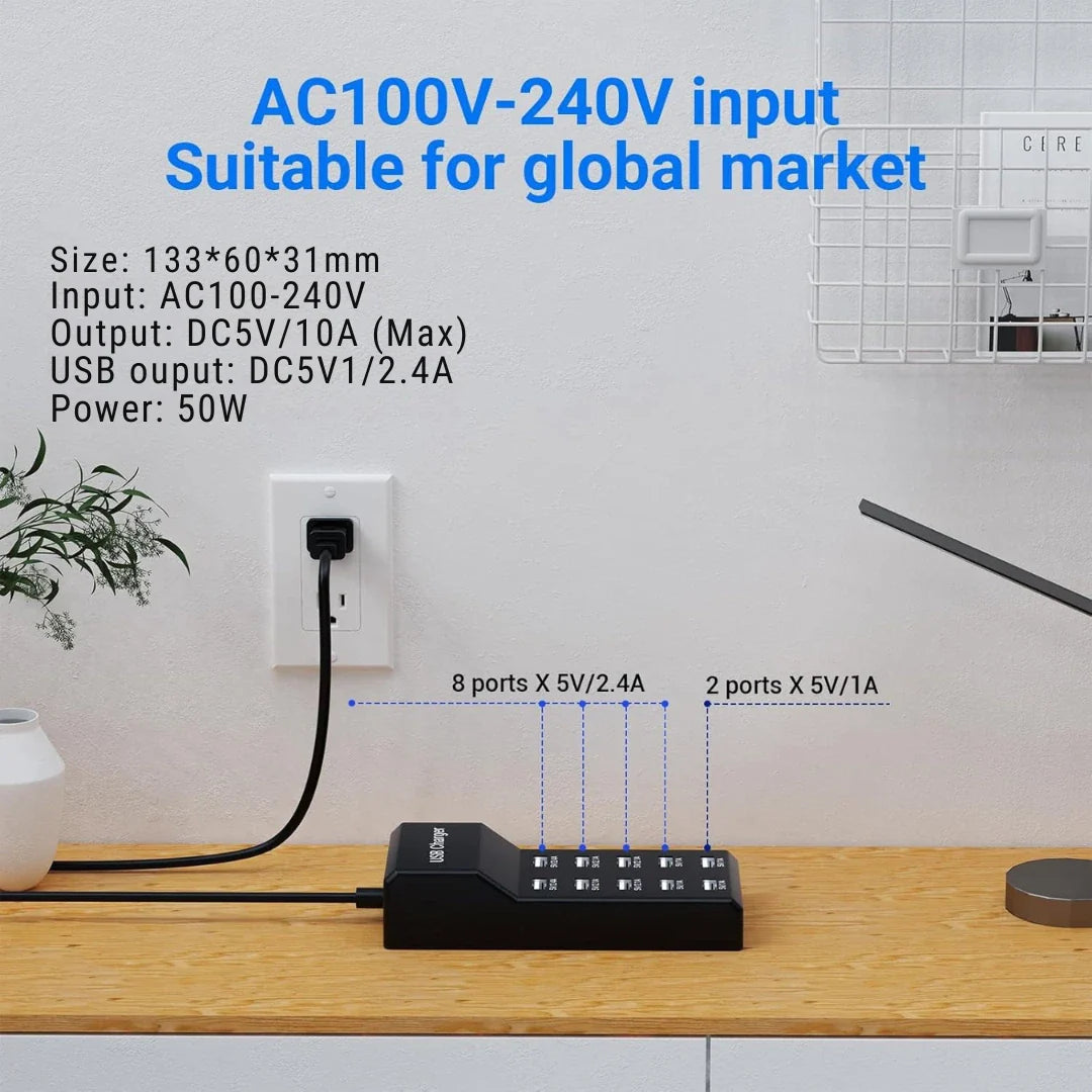 USB Charging Station – 10-Port, 50W | Fast Multi-Device Desktop Charger | Smart IC Technology