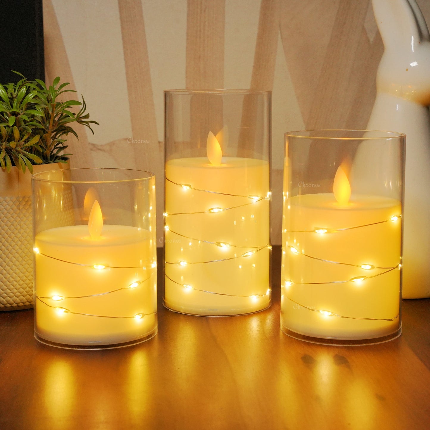 Acrylic Glass LED Moving Flame Pillar Candle - With Fairy Light