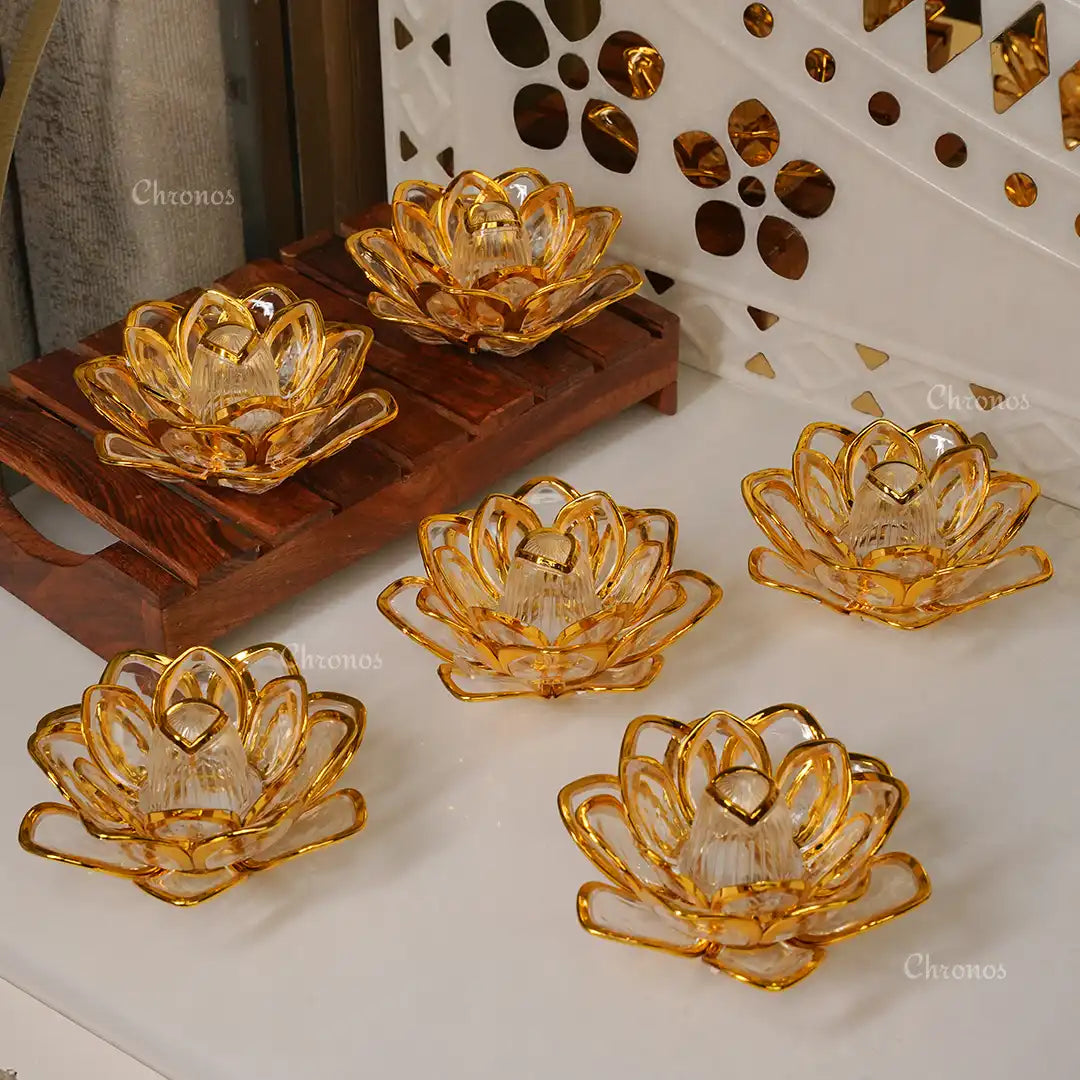 LED Golden Lotus Tealight Candle – Pack of 6 | Flameless Decorative Fiber Tea Lights