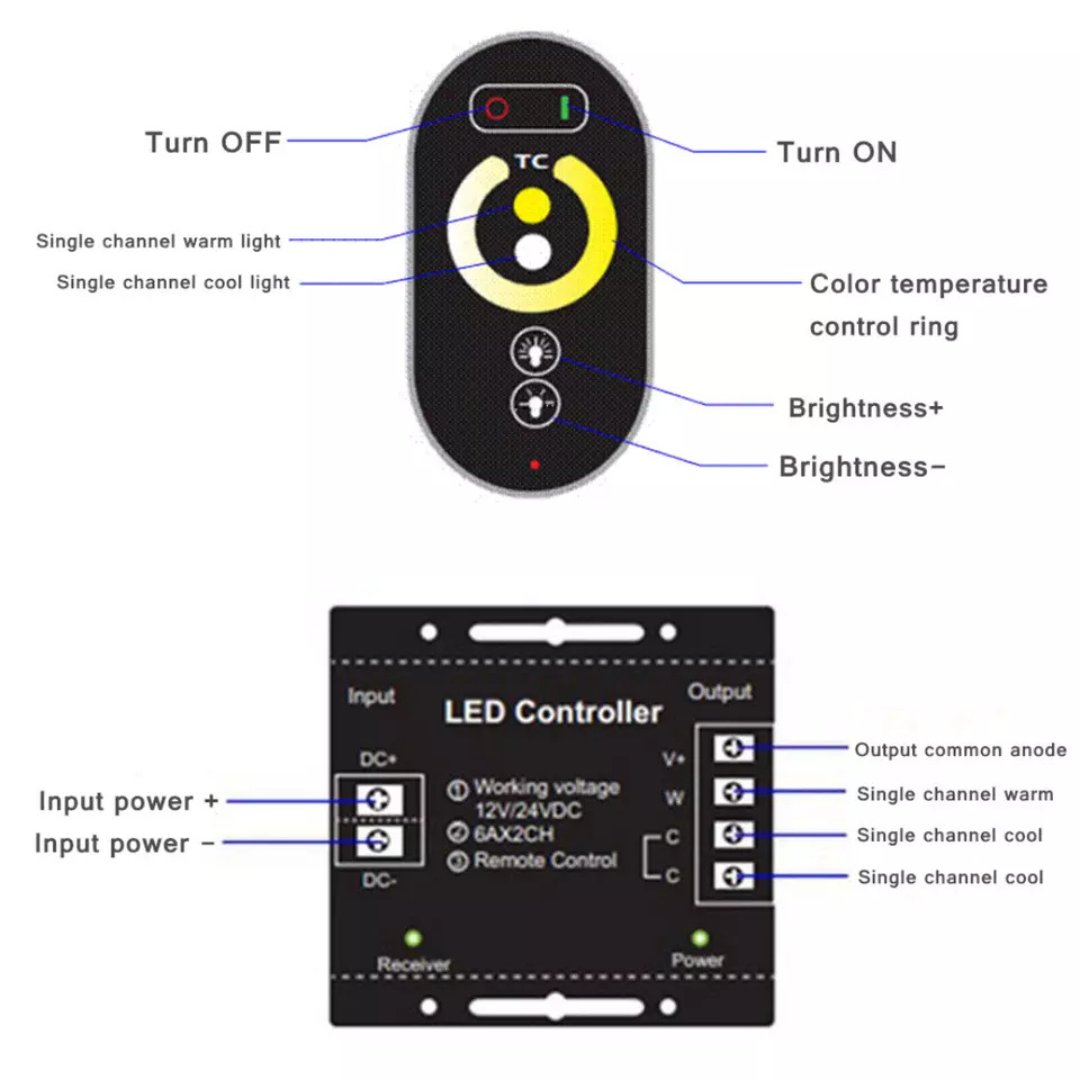 CCT Tunable LED Controller Dimmer | RF Touch Remote | 12V/24V