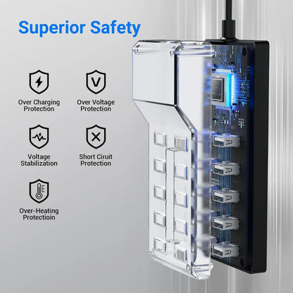 USB Charging Station – 10-Port, 50W | Fast Multi-Device Desktop Charger | Smart IC Technology