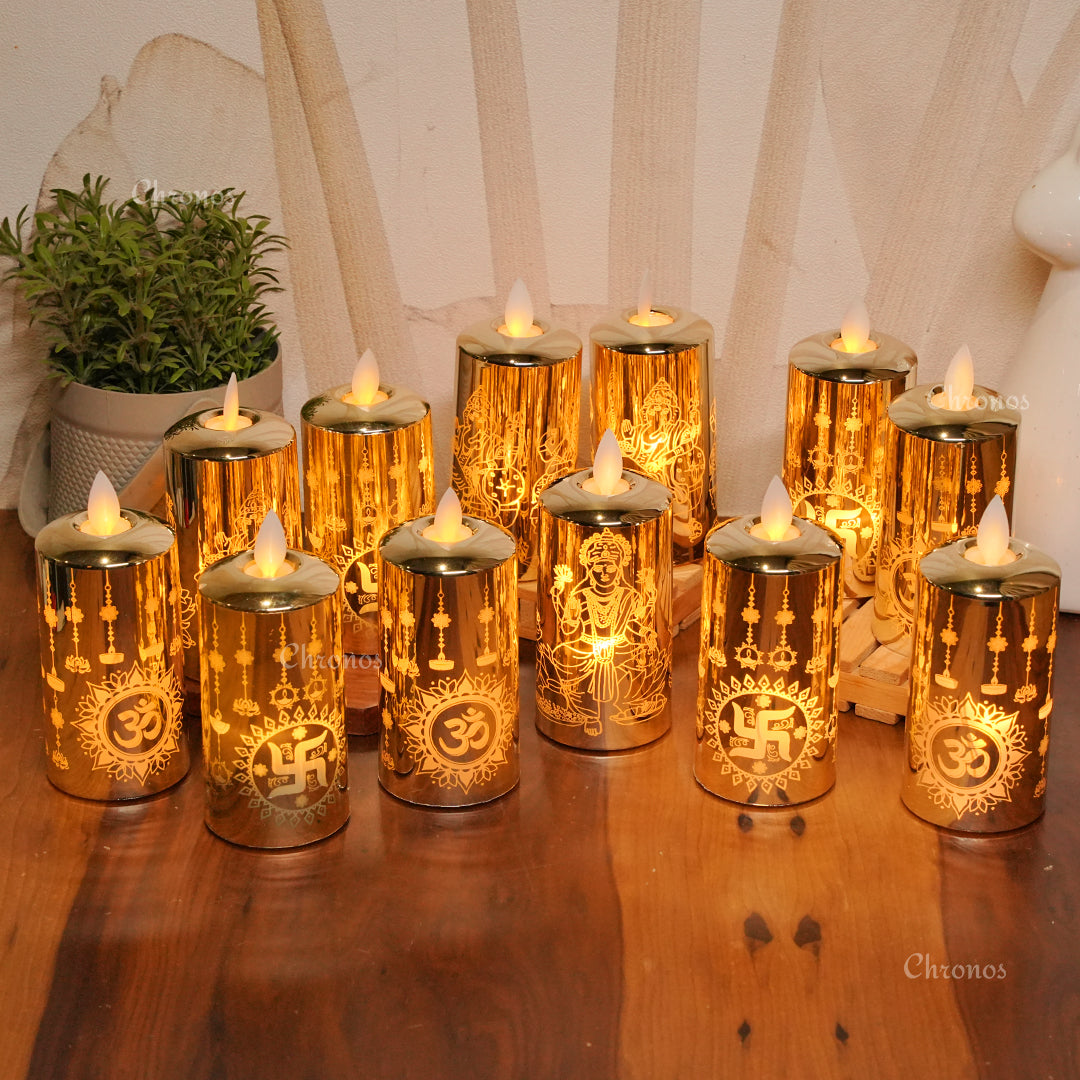 Flameless LED Pillar Candles – Om, Swastik & Devotion Variants - Pack of 12