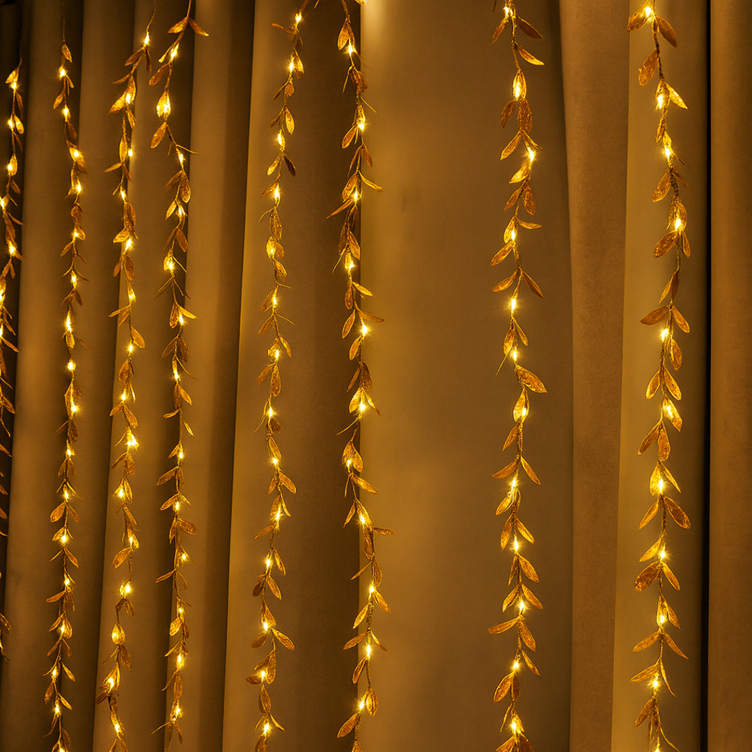 Golden Leaves Garland Curtain Lights | Warm White | Diwali Decoration